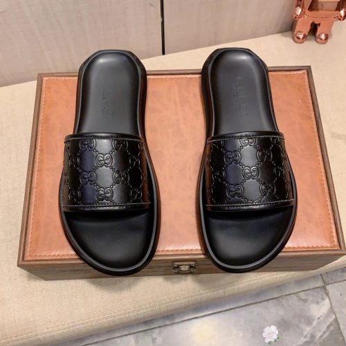 Gucci GG Embossed Slide Leather Sandals Black