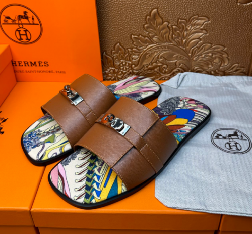 Hermes Kelly Leather Slides Sandals Brown