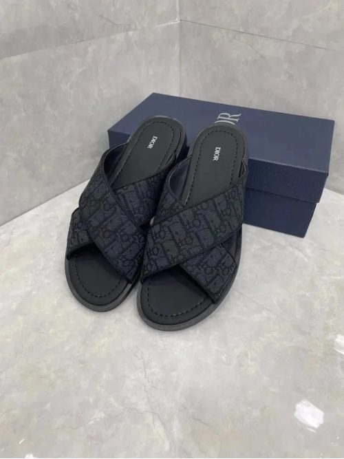 Dior Oblique Cross Strap Slides Sandals Black