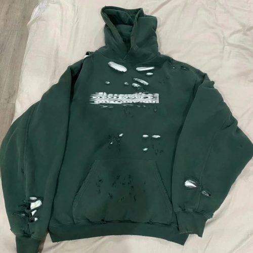 Balenciaga Distressed Hoodie Casual Pullover Dark Green