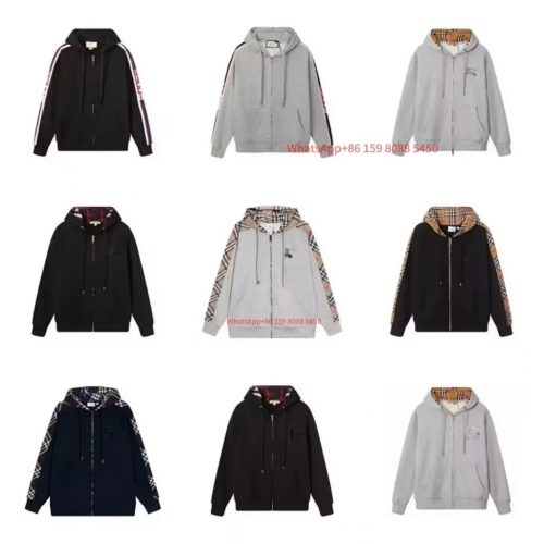 Burberry Check Panel Zip-Up Hoodie Casual Cotton Sweatshirt Black and Gray