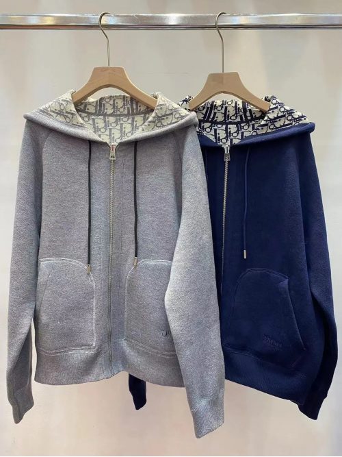 Dior Oblique Hooded Zip-Up Cotton Sweatshirt Gray and Navy