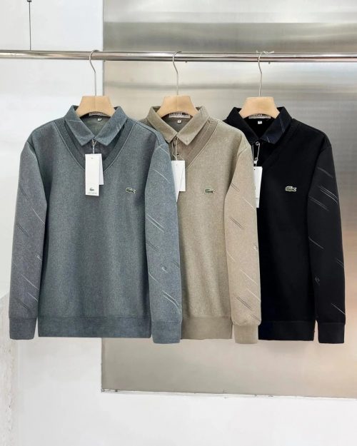 Lacoste Collared Knit Sweater Casual Pullover Gray Beige and Black