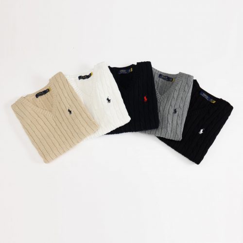 Polo Ralph Lauren PRL Cable Knit V-Neck Sweater Cotton Pullover Multicolor