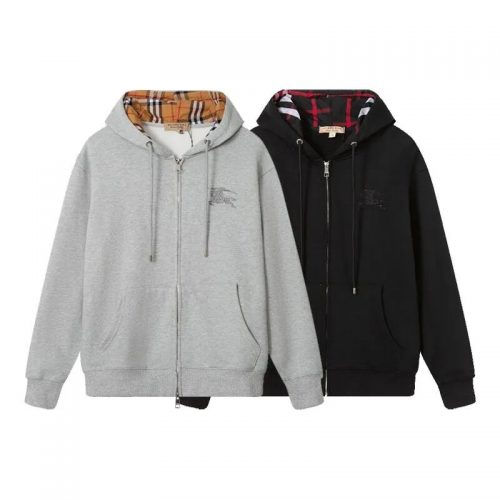 Burberry Check Lined Zip-Up Hoodie Cotton Sweatshirt Grey and Black