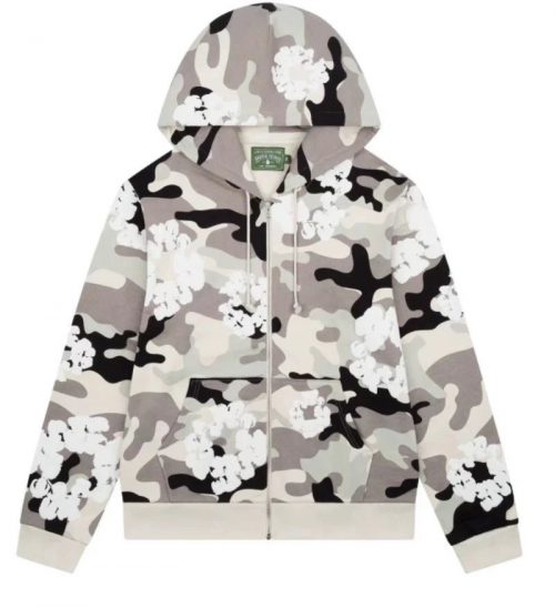 Saint Michael Camo Flower Zip-Up Hoodie Streetwear Sweatshirt Gray and White