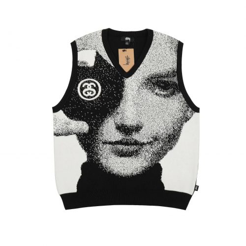 Stussy Portrait Knit Vest Graphic Sweater Black and White