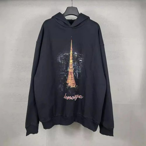 Balenciaga Tokyo Tower Graphic Oversized Hoodie Black
