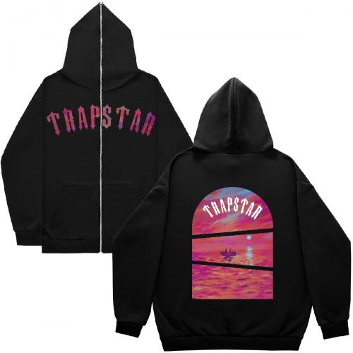 Trapstar Sunset Graphic Oversized Zip-Up Hoodie Black