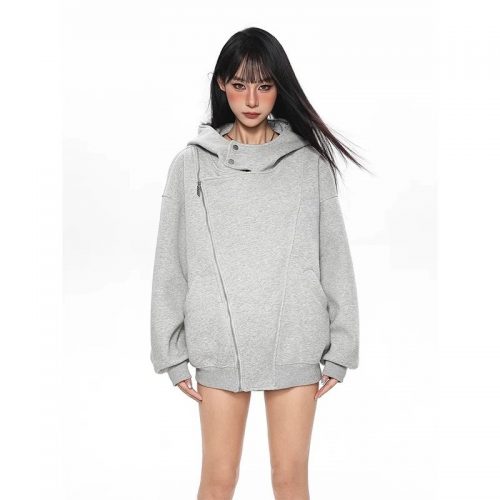 Design Asymmetric Zip Oversized Hoodie Gray