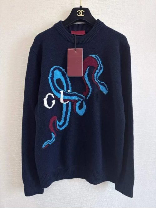 Gucci Snake Intarsia Knit Sweater Navy Blue