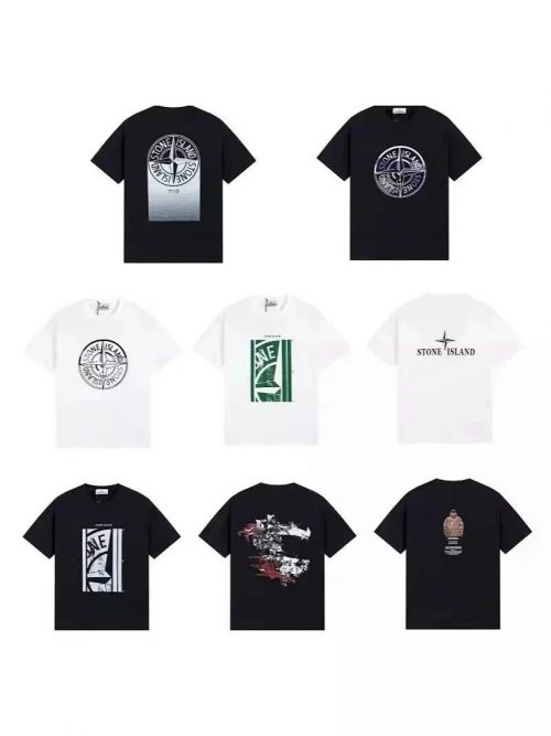 Stone Island Graphic Print Cotton T-Shirt Black and White