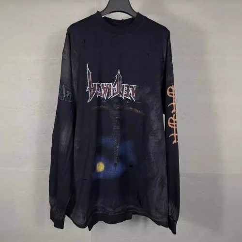 Balenciaga Metal Graphic Distressed Long Sleeve T-Shirt Black
