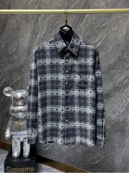Chrome Hearts Cross Pattern Plaid Flannel Button-Down Shirt Black and Gray