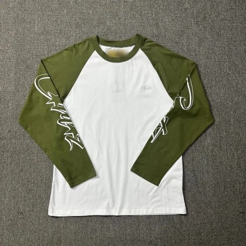 Corteiz CRTZ Graphic Print Raglan Long Sleeve Shirt Olive and White