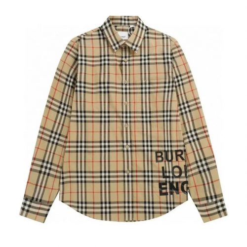 Burberry Check Print Logo Cotton Button-Down Shirt Beige
