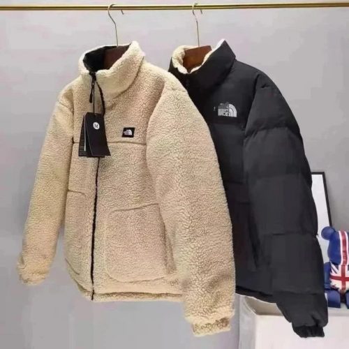 The North Face TNF Denali Fleece and Puffer Jacket Reversible Coat Beige and Black