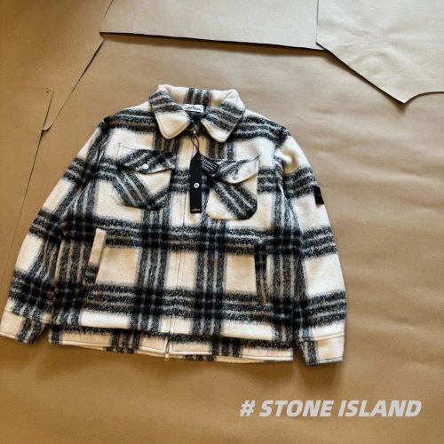 Stone Island Check Wool Blend Casual Jacket Black and White