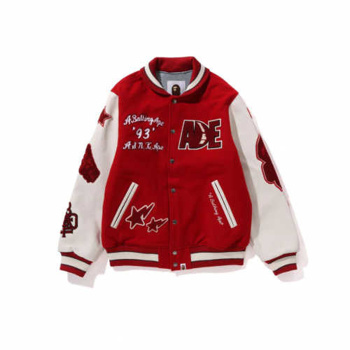 A Bathing Ape BAPE '93 Varsity Jacket Embroidered Streetwear Red and White