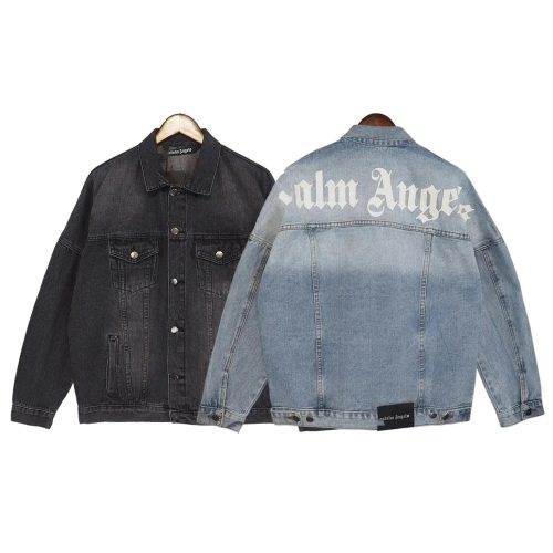 Palm Angels Back Logo Denim Jacket Oversized Streetwear Blue and Black