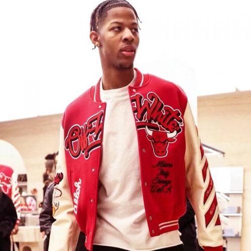 Off-White Chicago Bulls Varsity Jacket Streetwear Leather Jacket Red and White