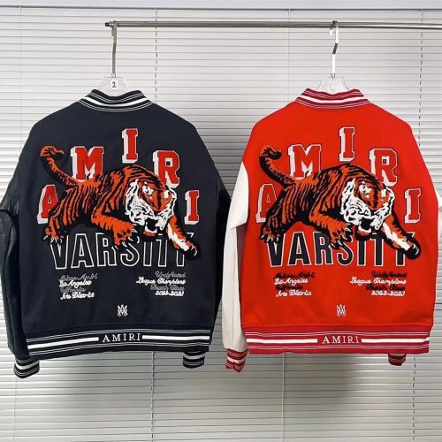 Amiri Tiger Varsity Jacket Embroidered Streetwear Jacket Black and Red