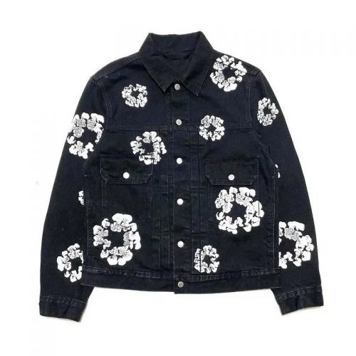 Off-White Floral Print Denim Jacket Casual Black