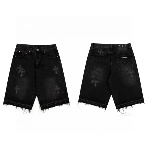 Chrome Hearts Cross Patch Denim Shorts Distressed Streetwear Black
