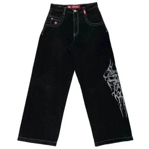 Joker Brand Tribal Skull Graphic Wide Leg Jeans Black