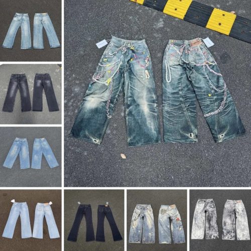 Acne Studios Distressed Chain Embellished Wide Leg Jeans Blue