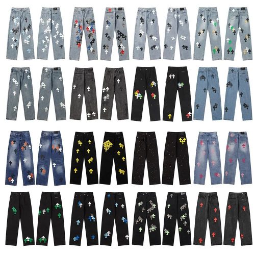 Chrome Hearts Cross Patch Denim Jeans Streetwear Pants Multicolor