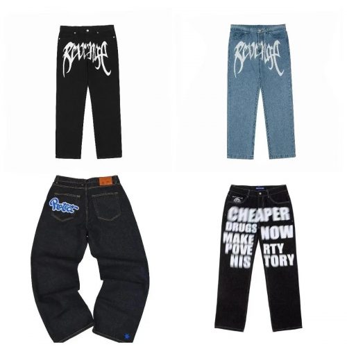 Revenge Graphic Streetwear Denim Jeans Black and Blue