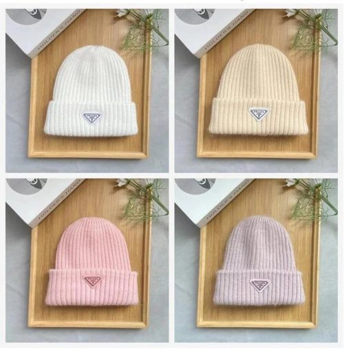 Prada Cashmere Ribbed Knit Beanie Hat Multicolor