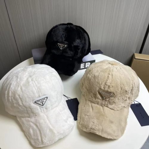 Prada Faux Fur Baseball Cap Plush Winter Hat Black White and Beige