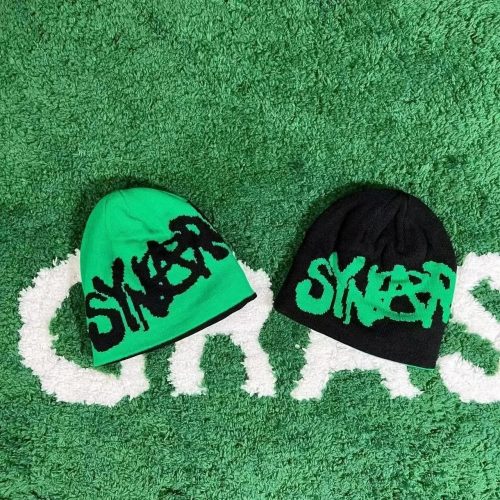 Syna World Syna Graphic Beanie Knit Hat Green and Black