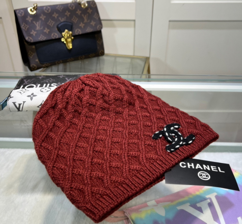 Chanel Cable Knit Beanie Winter Hat Red