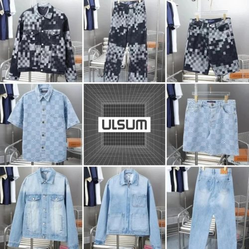 Louis Vuitton LV Damier Denim Streetwear Jacket and Jeans Set Blue and Black
