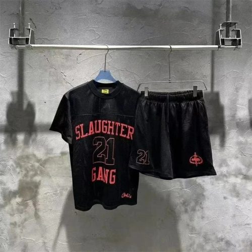 Slaughter Gang 21 Mesh Graphic Streetwear Shorts Set Black