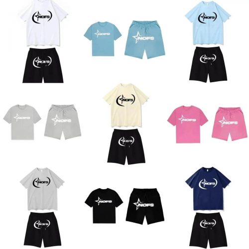 NOFS Logo Print Graphic Streetwear Shorts Set Cream and Black