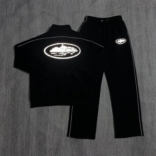 Corteiz Reflective Tracksuit Set Casual Hoodie and Joggers Black