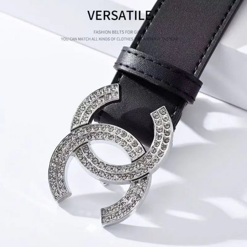 Chanel Crystal CC Buckle Belt Black Leather