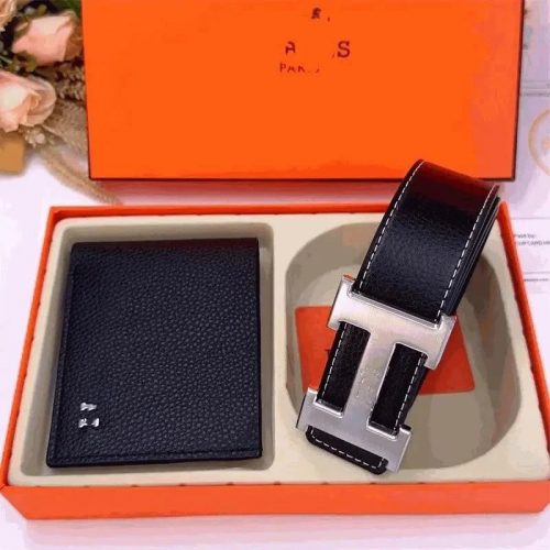 Hermes H Buckle Belt and Wallet Leather Accessories Set Black