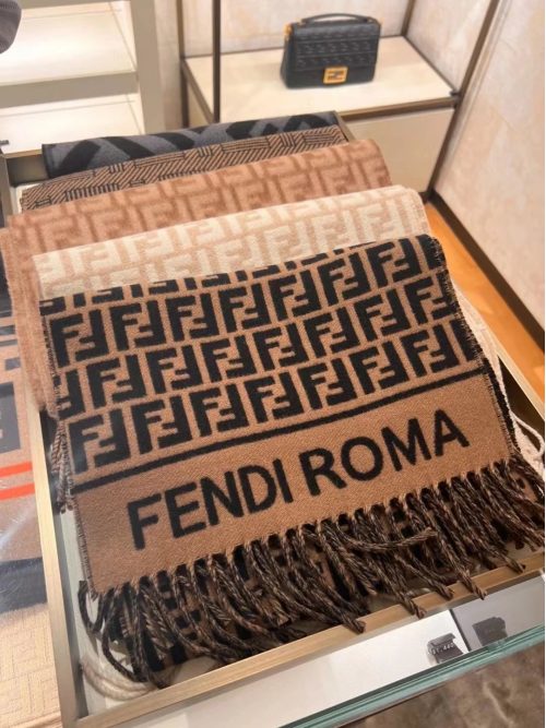 Fendi FF Logo Roma Iconic Wool Scarf Brown and Black