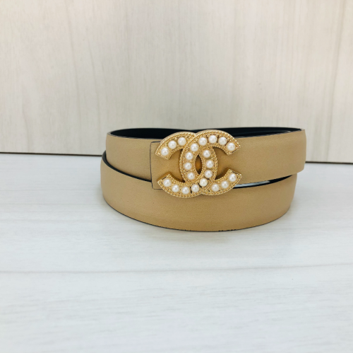 Chanel Pearl CC Elegant Leather Belt Beige