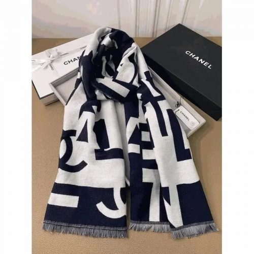 Chanel Graphic Pattern Knit Scarf Navy and White