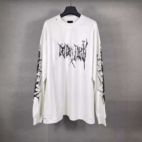 Design Distressed Graphic Print Oversized Long Sleeve Shirt White