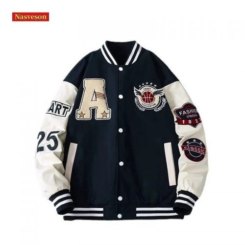 Nasveson Letterman Varsity Jacket Casual Bomber Jacket Black and White