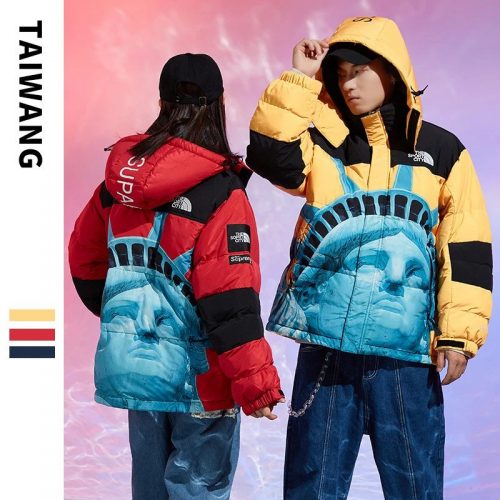 The North Face Supreme Statue of Liberty Puffer Jacket Casual Winter Coat Yellow and Red
