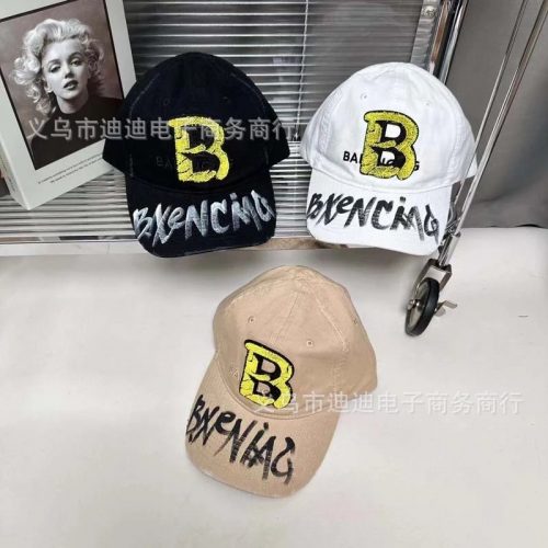 Balenciaga B Logo Embroidered Baseball Cap Casual Hat Black White Beige