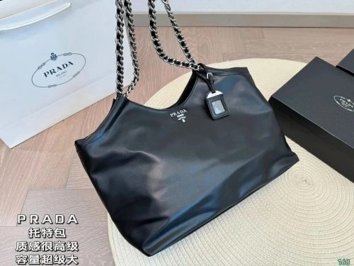 Prada Soft Leather Chain Tote Bag Black